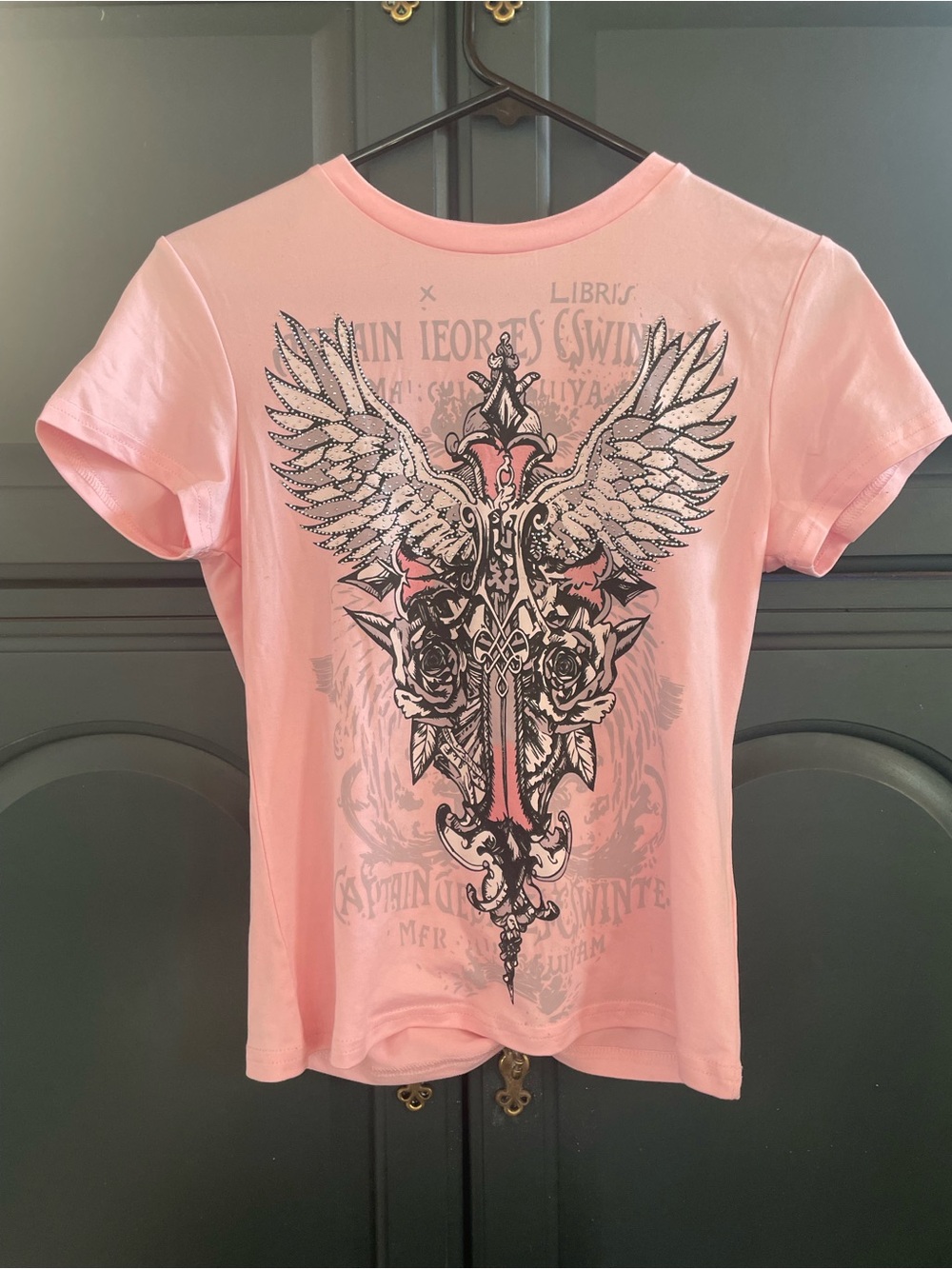 Pink Short Sleeve Graphic Tee with Winged Sword Motif